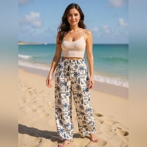Tropical Print Wide-Leg Pants in Blue and Cream